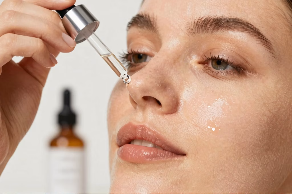 Gros plan des mains appliquant un sérum facial avec un compte-gouttes en verre sur une peau lisse, à la lumière naturelle douce