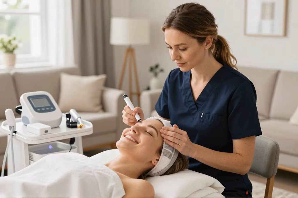 Esthéticienne réalisant un soin du visage à domicile dans un salon lumineux