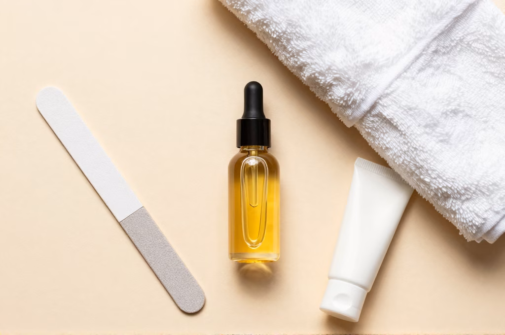 Produits de soin des ongles : huile à cuticules, lime en verre, crème pour les mains, cadre de spa luxe