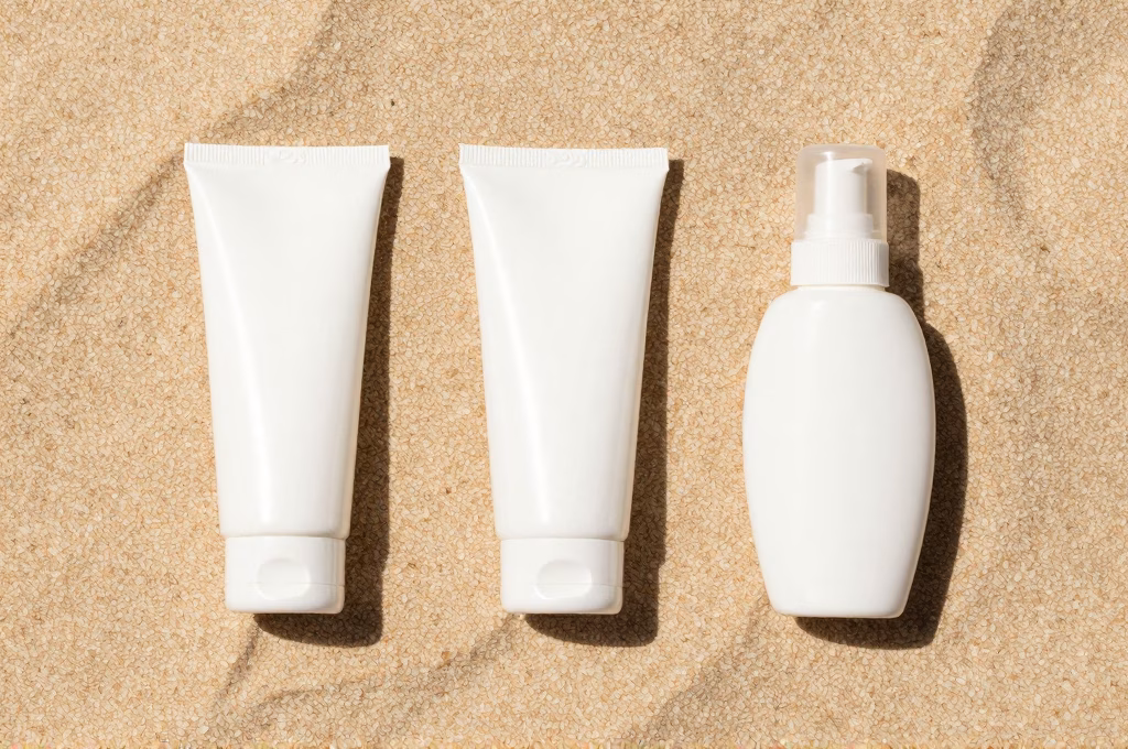 Comparatif de tubes et flacons de crème solaire sur fond de sable