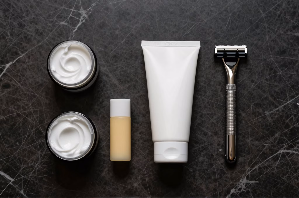 Sélection de crèmes visage homme disposées sur une étagère de salle de bain moderne