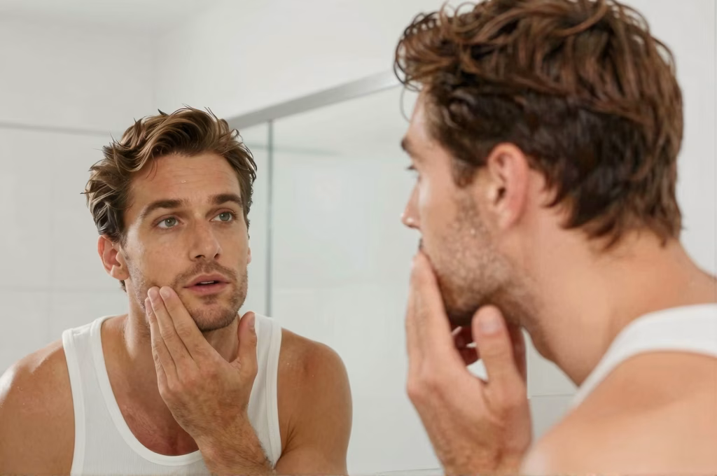 Homme appliquant une crème visage devant un miroir de salle de bain