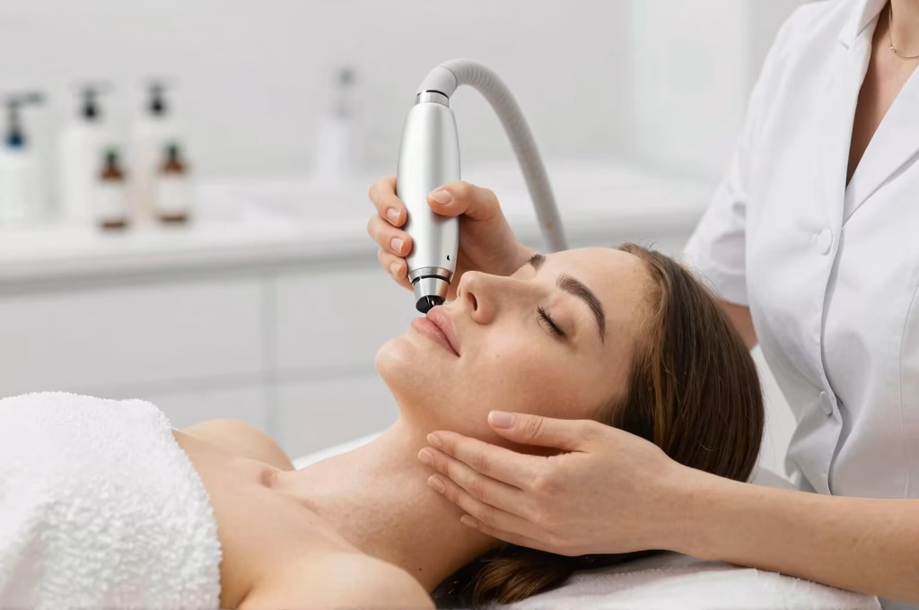 Seance d'epilation laser du visage sur la levre superieure en cabinet dermatologique