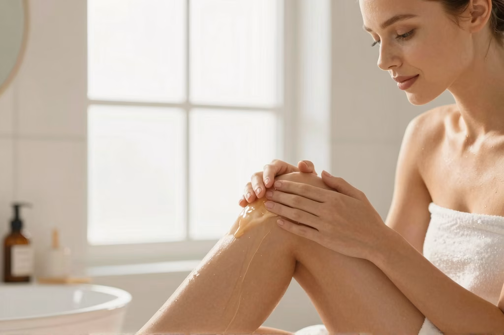 Résultat peau lisse après épilation laser, femme touchant sa jambe épilée