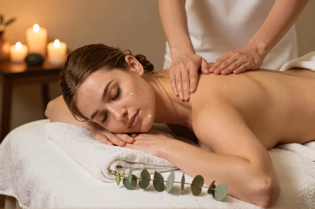 Massage relaxant du dos aux huiles essentielles dans un institut de beaute avec ambiance chaleureuse