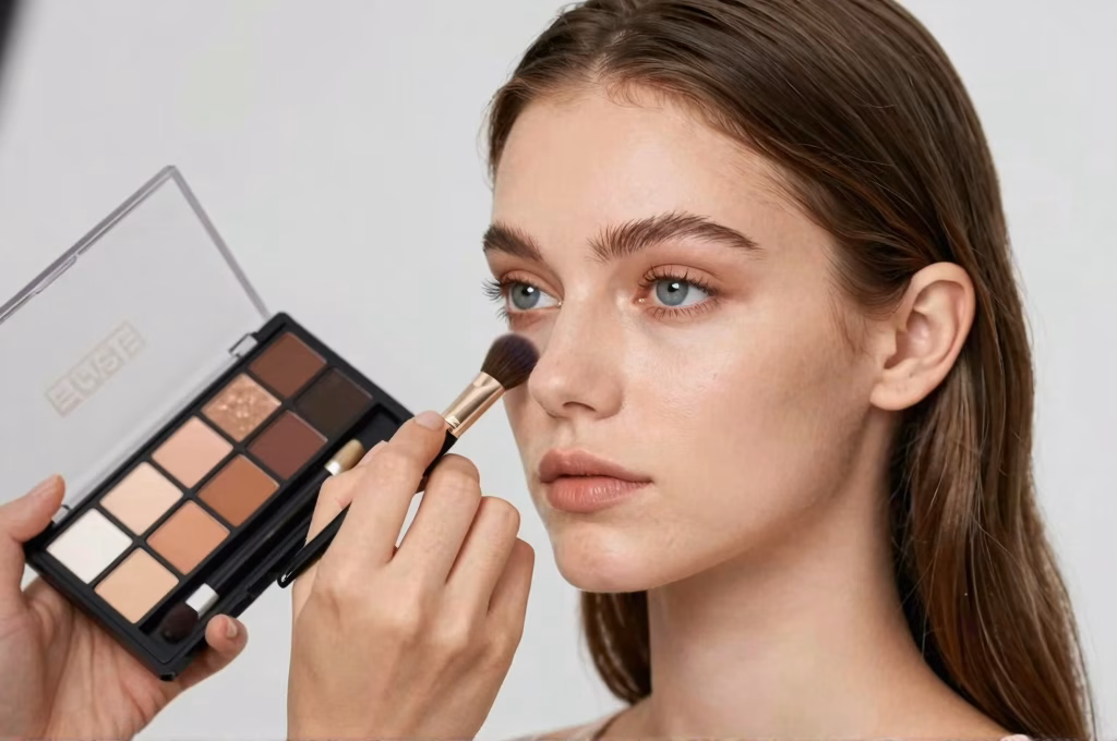 Maquilleuse professionnelle utilisant un kit complet lors d'une séance de maquillage backstage