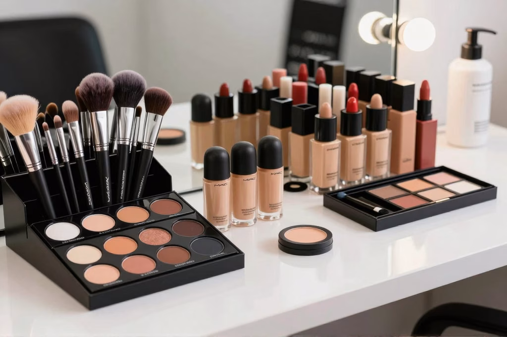 Collection de produits de maquillage professionnel sur plan de travail d'institut