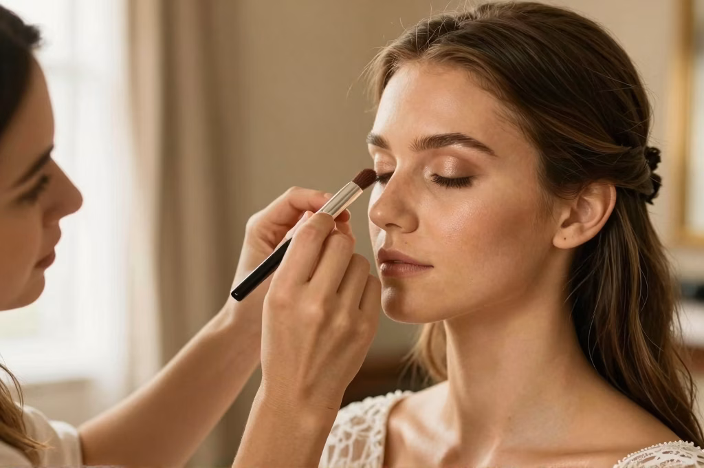 Maquilleuse professionnelle appliquant le fard à paupières sur une mariée