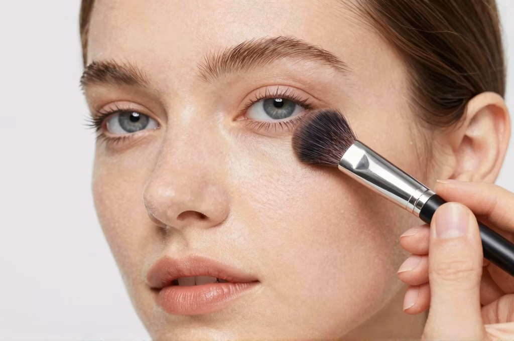 Application de maquillage professionnel avec un pinceau sur le visage, gros plan en lumière naturelle douce