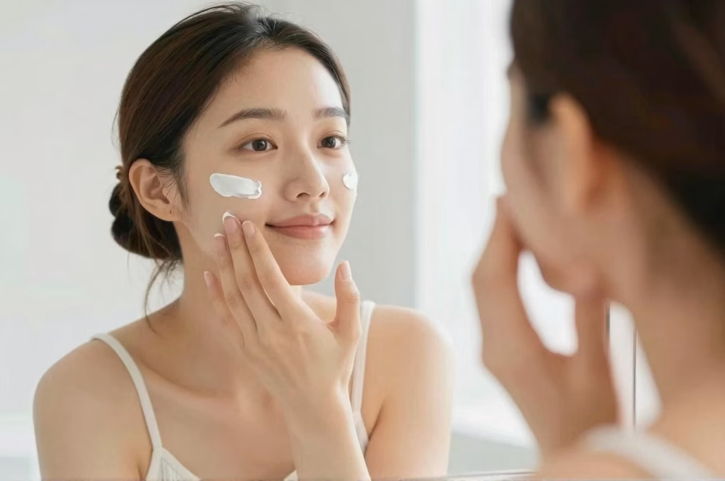Femme appliquant crème visage devant miroir avec geste doux