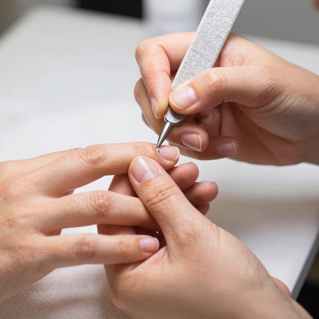Prothésiste ongulaire réalisant un soin professionnel des ongles en institut