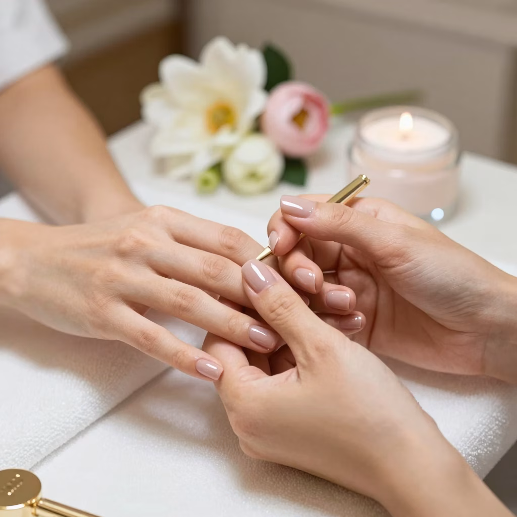 Mains féminines avec manucure parfaite après soins en institut de beauté
